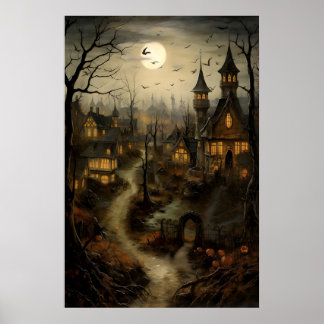 Oud dorp met pompoenen, Halloween-platteland Poster