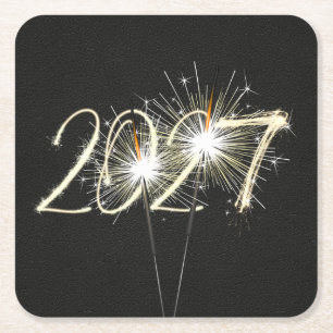 Oud en Nieuw 2027Feest Vuurwerkspelden Vierkante Kartonnen Onderzetter