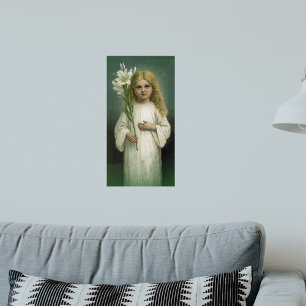 Oud engelachtig meisje witte jurk lelie bloemen perfect poster