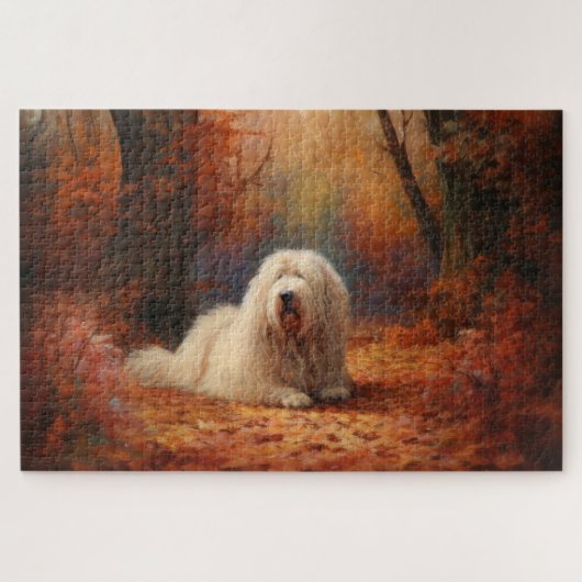 Oud Engels herdershond in herfstbladeren Herfst In Legpuzzel (Horizontaal)