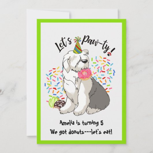 Oud Engels Sheepdog Birthday Party Invitation Kaart (Voorkant)