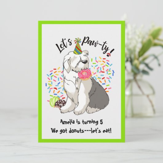 Oud Engels Sheepdog Birthday Party Invitation Kaart (Staand voorkant)