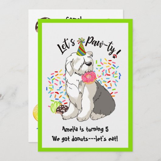 Oud Engels Sheepdog Birthday Party Invitation Kaart (Voorkant / Achterkant)