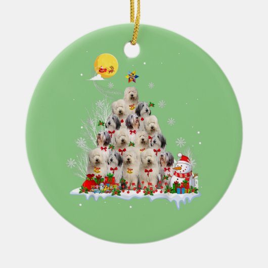 Oud Engels Sheepdog Dog Reindeer Pine Kerstmis Keramisch Ornament (Voorkant)