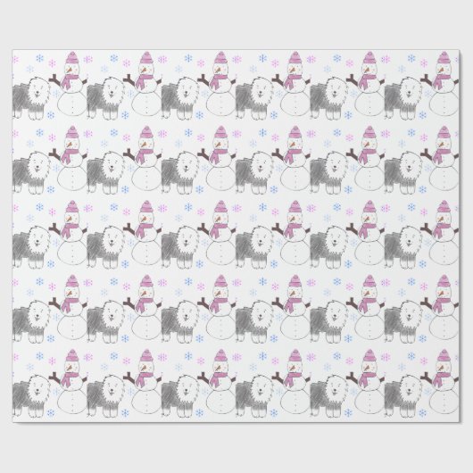Oud Engels Sheepdog en Snowman Cadeaupapier (Vlak)