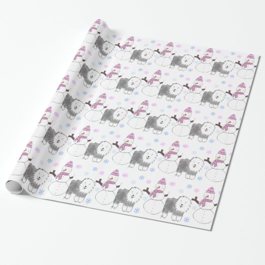 Oud Engels Sheepdog en Snowman Cadeaupapier (Uitgerold)