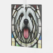 Oud Engels Sheepdog "Glas in lood" Glas Ornament (Voorkant links)