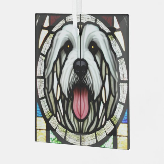 Oud Engels Sheepdog "Glas in lood" Glas Ornament (Voorkant links)