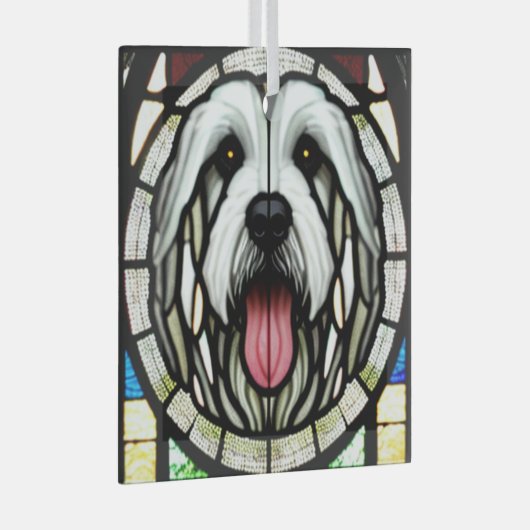 Oud Engels Sheepdog "Glas in lood" Glas Ornament (Voorkant Rechts)