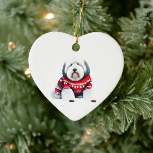 Oud Engels Sheepdog in Kersttrui Keramisch Ornament