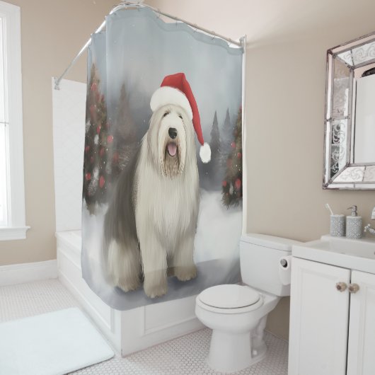 Oud Engels Sheepdog in Sneeuw Kerstmis Douchegordijn (In situ)
