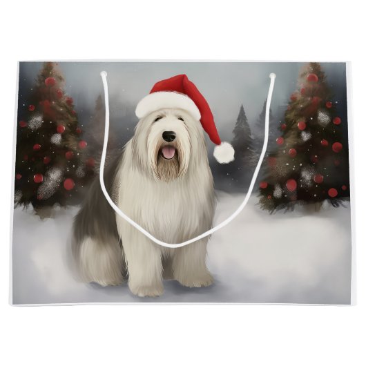 Oud Engels Sheepdog in Sneeuw Kerstmis Groot Cadeauzakje (Voorkant)