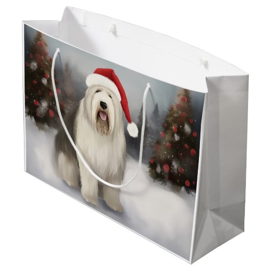 Oud Engels Sheepdog in Sneeuw Kerstmis Groot Cadeauzakje (Achterkant Gekanteld)