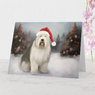 Oud Engels Sheepdog in Sneeuw Kerstmis Kaart