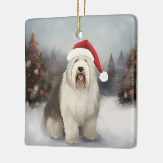 Oud Engels Sheepdog in Sneeuw Kerstmis Keramisch Ornament (Links)