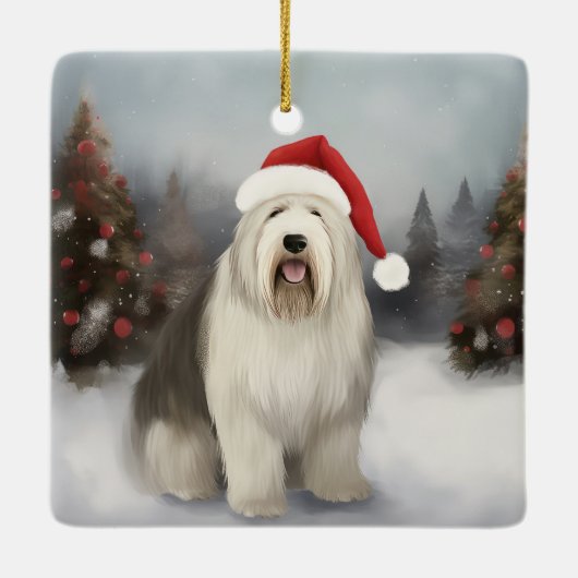 Oud Engels Sheepdog in Sneeuw Kerstmis Keramisch Ornament (Achterkant)