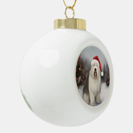 Oud Engels Sheepdog in Sneeuw Kerstmis Keramische Bal Ornament (Links)
