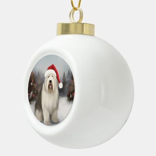 Oud Engels Sheepdog in Sneeuw Kerstmis Keramische Bal Ornament (Rechts)