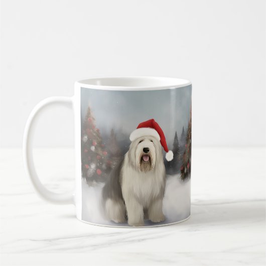 Oud Engels Sheepdog in Sneeuw Kerstmis Koffiemok (Links)