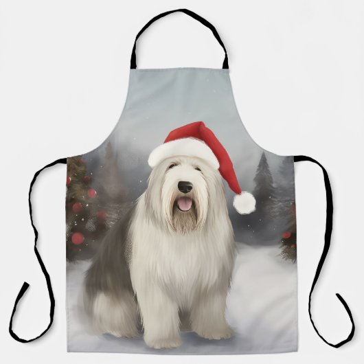 Oud Engels Sheepdog in Sneeuw Kerstmis Schort (Voorkant)