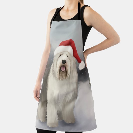 Oud Engels Sheepdog in Sneeuw Kerstmis Schort (Insitu)