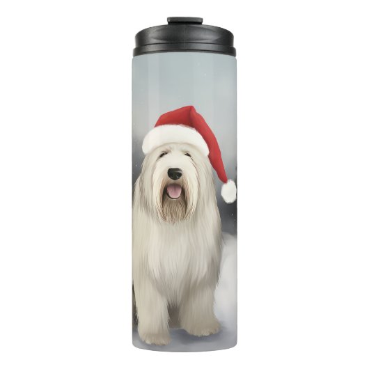 Oud Engels Sheepdog in Sneeuw Kerstmis Thermosbeker (Voorkant)