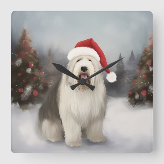 Oud Engels Sheepdog in Sneeuw Kerstmis Vierkante Klok (Voorkant)