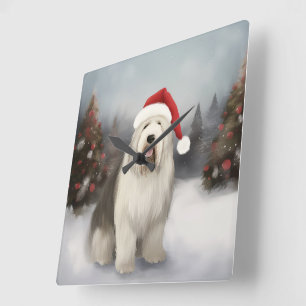 Oud Engels Sheepdog in Sneeuw Kerstmis Vierkante Klok