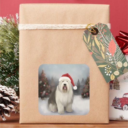 Oud Engels Sheepdog in Sneeuw Kerstmis Vierkante Sticker (Feestdagen)