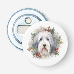 Oud Engels Sheepdog Kerstkrans feestelijke pup Button Flesopener