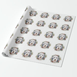 Oud Engels Sheepdog Kerstkrans feestelijke pup Cadeaupapier