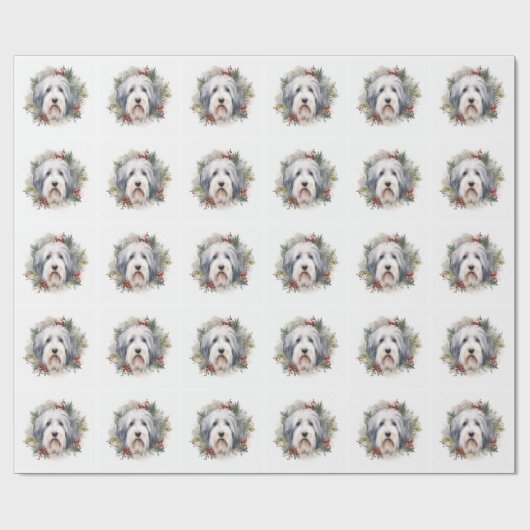 Oud Engels Sheepdog Kerstkrans feestelijke pup Cadeaupapier (Vlak)
