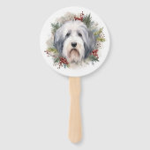 Oud Engels Sheepdog Kerstkrans feestelijke pup Handwaaier (Voorkant)