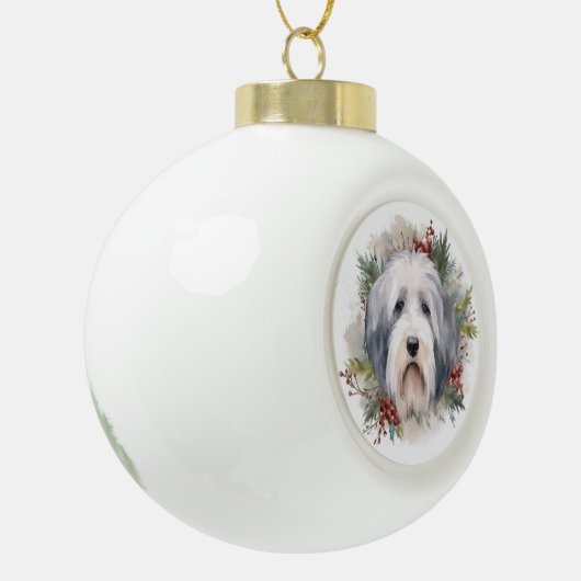 Oud Engels Sheepdog Kerstkrans feestelijke pup Keramische Bal Ornament (Links)