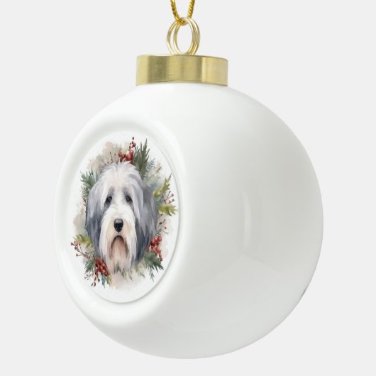 Oud Engels Sheepdog Kerstkrans feestelijke pup Keramische Bal Ornament (Rechts)