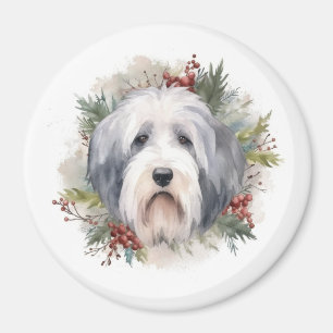 Oud Engels Sheepdog Kerstkrans feestelijke pup Magneet