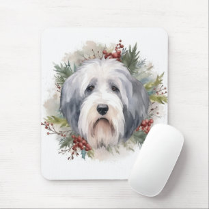 Oud Engels Sheepdog Kerstkrans feestelijke pup Muismat
