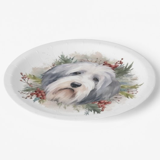 Oud Engels Sheepdog Kerstkrans feestelijke pup Papieren Bordje (Gekanteld)