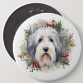 Oud Engels Sheepdog Kerstkrans feestelijke pup Ronde Button 6,0 Cm (Voorkant /achterkant)
