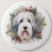 Oud Engels Sheepdog Kerstkrans feestelijke pup Ronde Button 6,0 Cm (Voorkant)