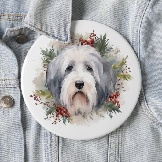 Oud Engels Sheepdog Kerstkrans feestelijke pup Ronde Button 6,0 Cm (In situ)