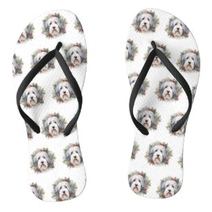 Oud Engels Sheepdog Kerstkrans feestelijke pup Teenslippers