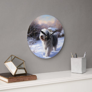 Oud Engels Sheepdog Laat het sneeuwen Kerstmis Grote Klok