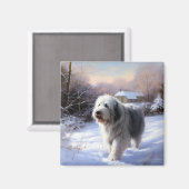 Oud Engels Sheepdog Laat het sneeuwen Kerstmis Magneet (Voorkant / Achterkant)