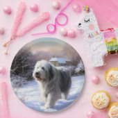 Oud Engels Sheepdog Laat het sneeuwen Kerstmis Papieren Bordje (Feest)