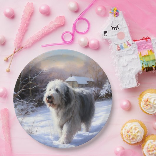 Oud Engels Sheepdog Laat het sneeuwen Kerstmis Papieren Bordje (Feest)