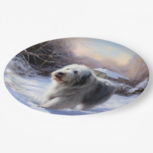 Oud Engels Sheepdog Laat het sneeuwen Kerstmis Papieren Bordje (Gekanteld)