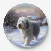 Oud Engels Sheepdog Laat het sneeuwen Kerstmis Papieren Bordje (Voorkant)