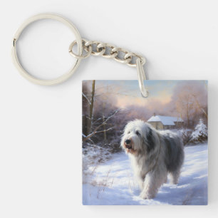 Oud Engels Sheepdog Laat het sneeuwen Kerstmis Sleutelhanger