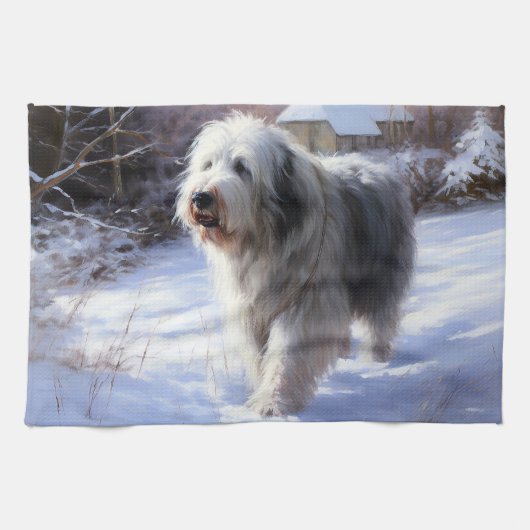 Oud Engels Sheepdog Laat het sneeuwen Kerstmis Theedoek (Horizontaal)